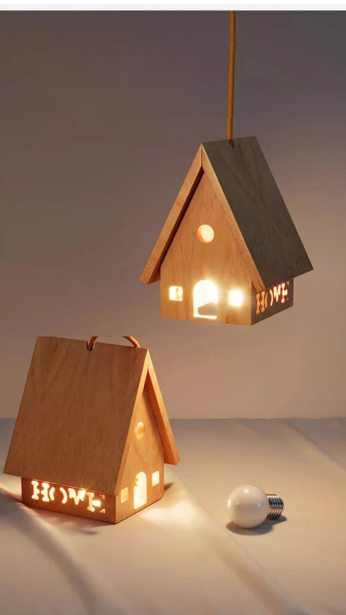 Solid Wood Small House Chandeliers Children's Bedroom Bedside Lamps Minimalist Log Style Nursery Boy Girl Bedroom Chandelier LED - Lumeria